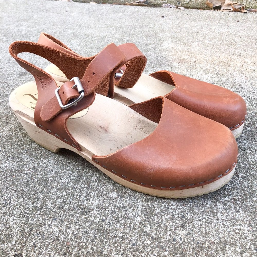 Lotta's Brown Leather Clogs Wooden Mules Size 37/6.5